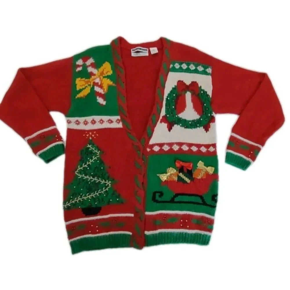 Jennifer Moore Vintage CHRISTMAS Sweater Hand Knit Beads Bows Three Women Size M - Picture 1 of 13